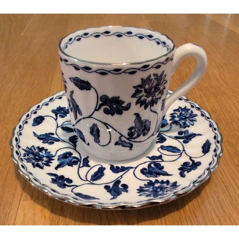 Vtg Spode Colonel England Mini Cup Saucer Blue/White/Silver Bone China Cottage